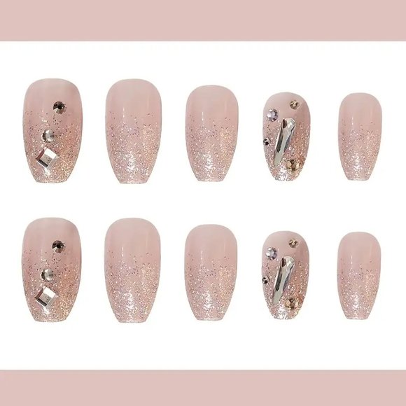 NWT PressOn Nails, Medium Square Glitter French False Nails With Artificial Gems - Picture 3 of 5